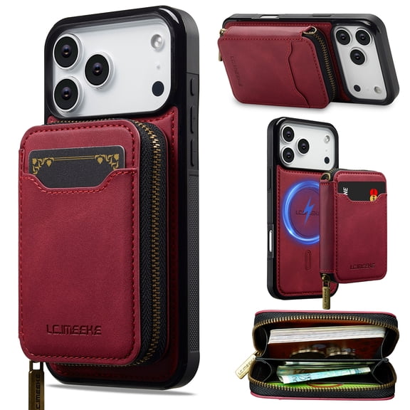 GJL 2-in-1 PU Leather Wallet Case for iPhone 18 Pro Max, RFID Blocking Detachable Magnetic Zipper Purse Cover, Compatible with MagSafe, Red