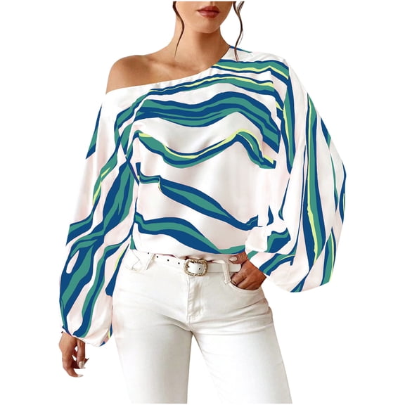 qolati Women's Lantern Sleeve Shirts Sexy One Shoulder Printed Long Sleeve Tunic T Shirt Casual Loose Business Office Dressy Pullover Blouse Tops