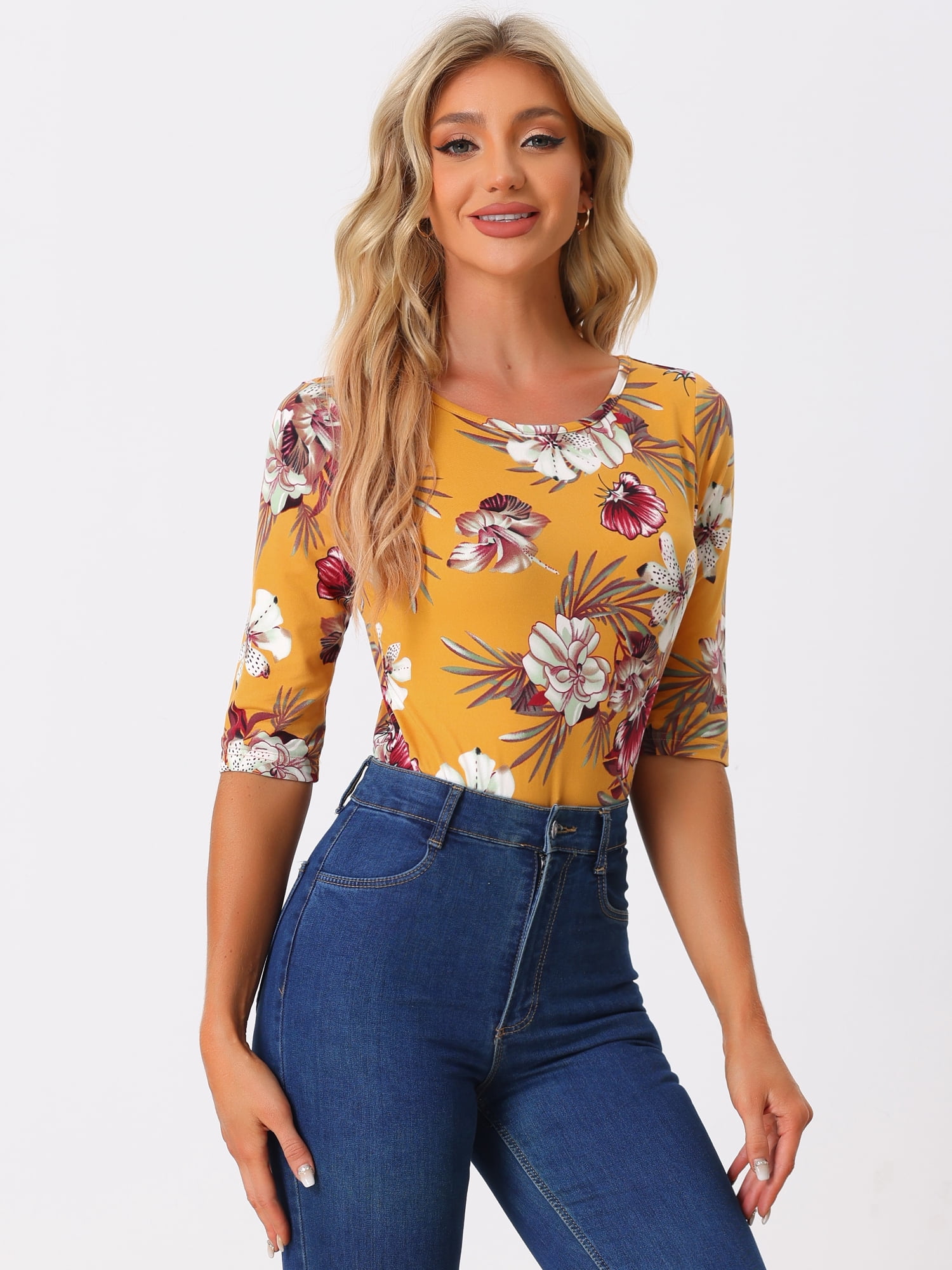 DARING DIVA Women's Halloween Costume 1/2 Sleeve Floral Top S Yellow-Floral