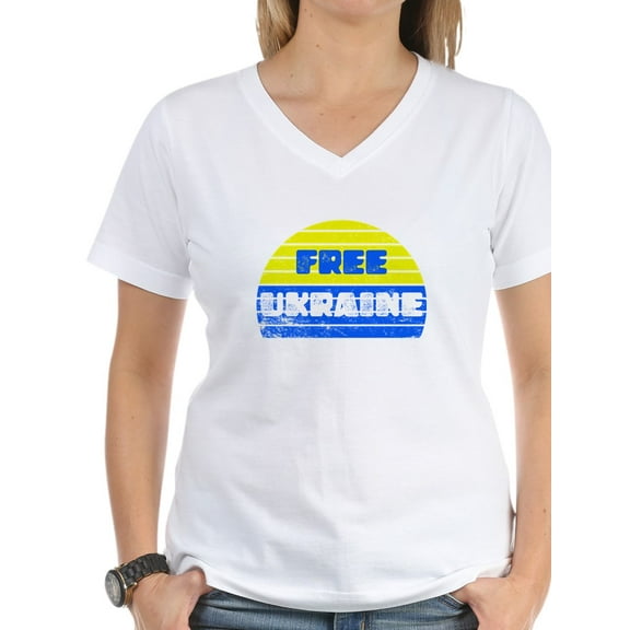 CafePress - Free Ukraine Women's V Neck T Shirt - Womens Cotton V-Neck T-shirt