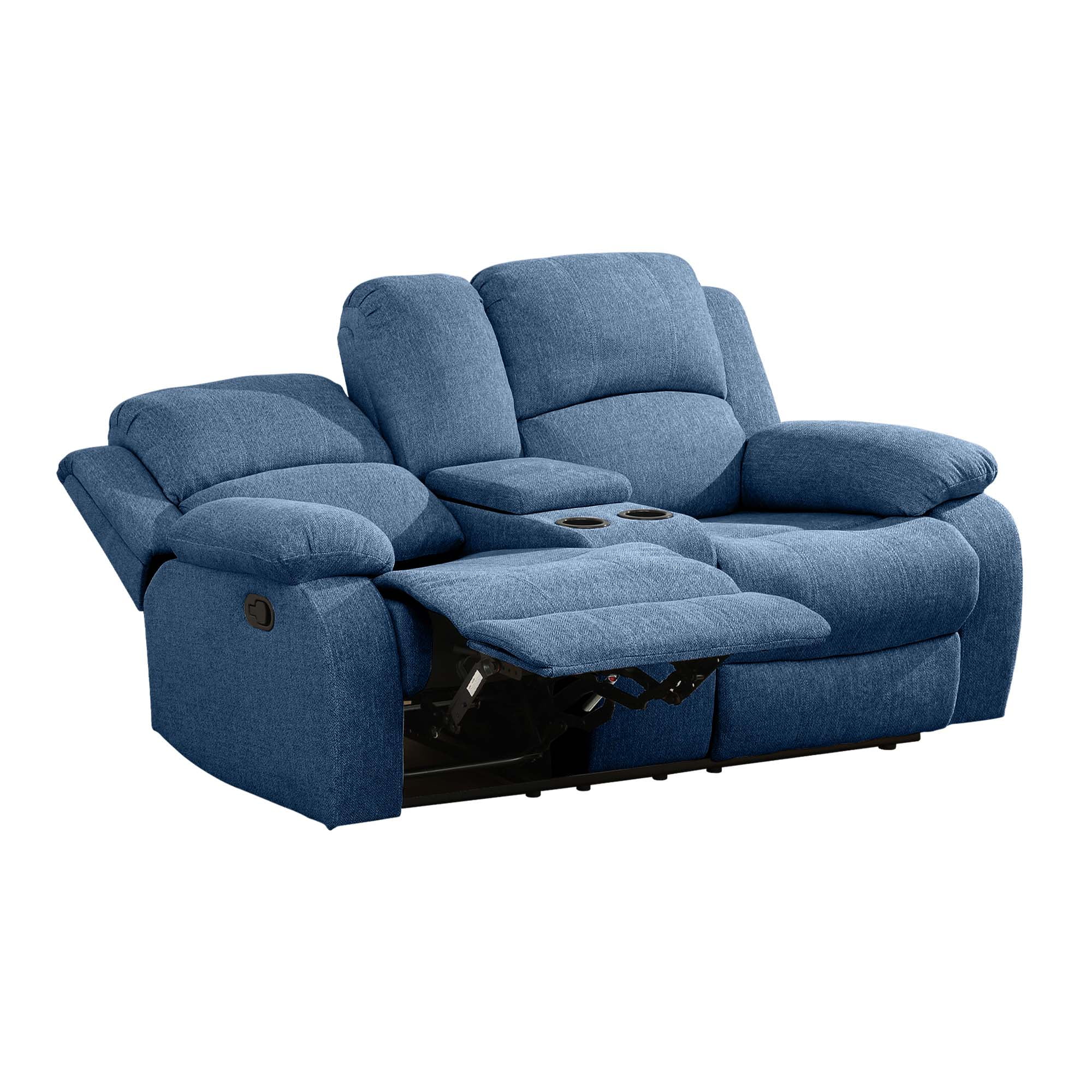 Aukfa Double Manual Recliner Chair, Overstuffed Loveseat w/ Cupholders, Flannel, Blue