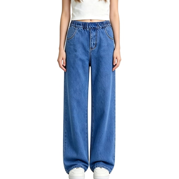 Fnooota Girls Straight-leg Jeans Size 14, Elastic Waist Relaxed Fit Fall Casual Denim Pants with Pockets Blue