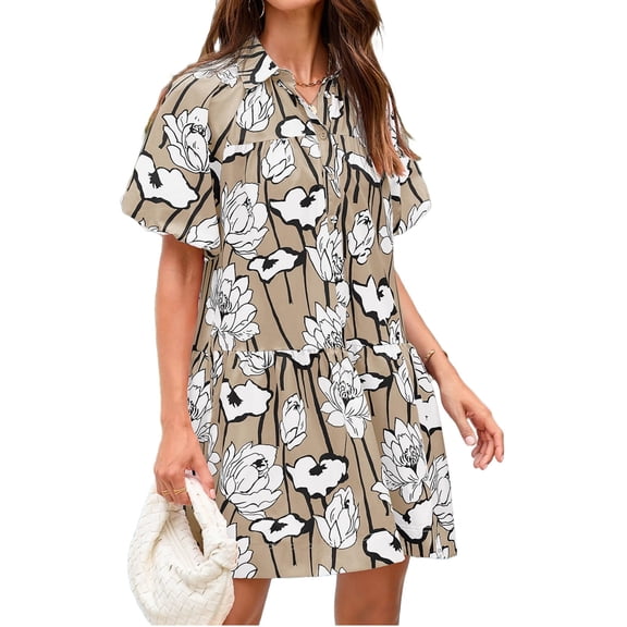 Short Sleeve Women Floral Print Loose Fit Lapel V-neck Casual Mini Dress