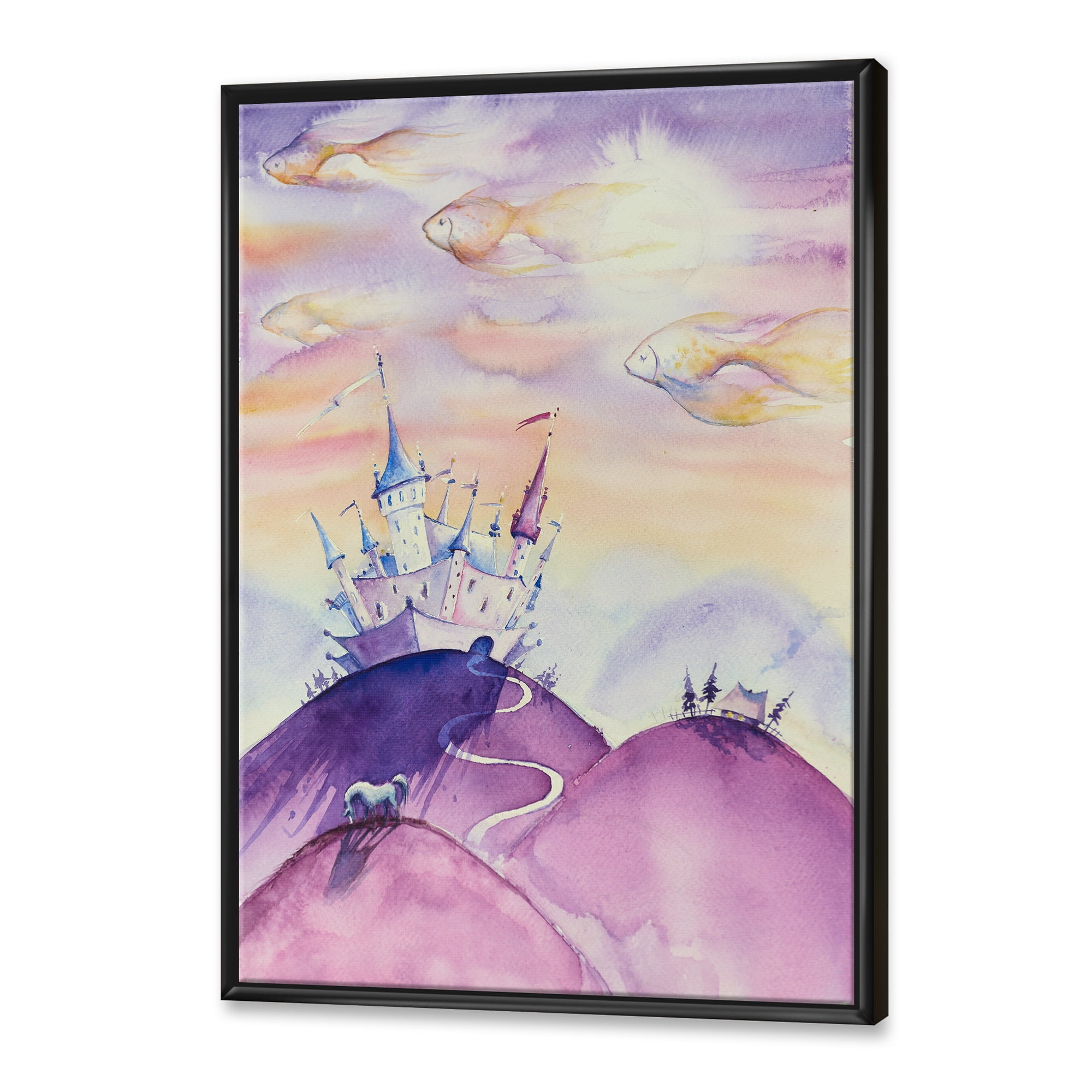Designart 'Fairy Tale Kingdom Palace On Purple Mountain Top' Children's Art Framed Canvas Wall Art Print