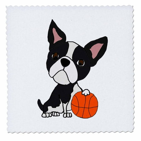 Funny Dog Figurines 3dRose Funny Cute Boston Terrier Dog Playing Basketball Cartoon - Quilt Square, 8 by 8-inch ()