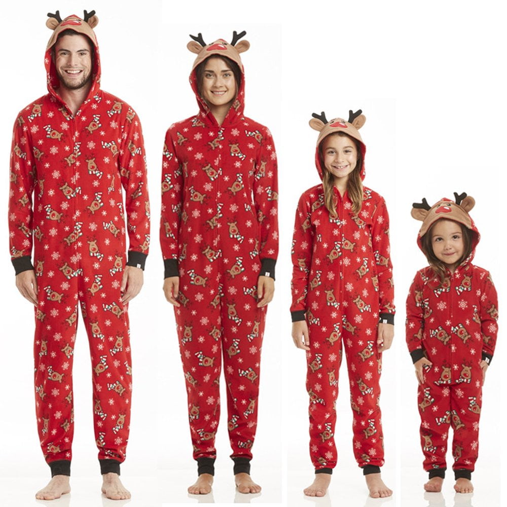 Reindeer Christmas Family Matching Hooded Onesie Pajamas Romper Jumpsuit Zipper Pjs for Adult Kids Baby