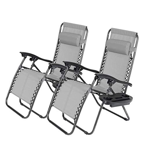Geniqua Ensemble de 2 Chaises Longues Zéro Gravité Inclinables en Tissu Maillé d'Acier, Chaise Pliante d'Extérieur avec Repose-Pieds, Réglable, Oreiller et Plateau, Gris