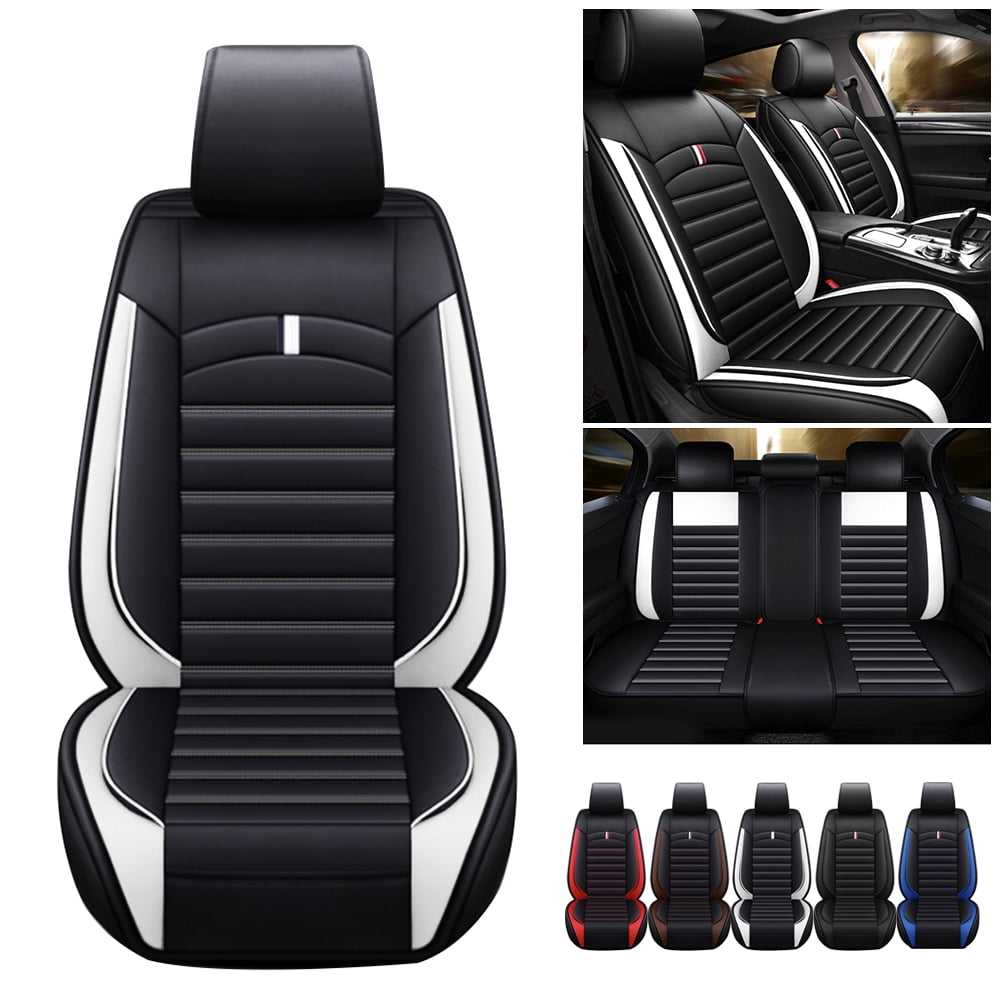 Maidao Universal Leather Car Seat Cover,Luxury 5 Seats Front and Rear Seat Covers with Non-slip Bottom,Full Set Black White