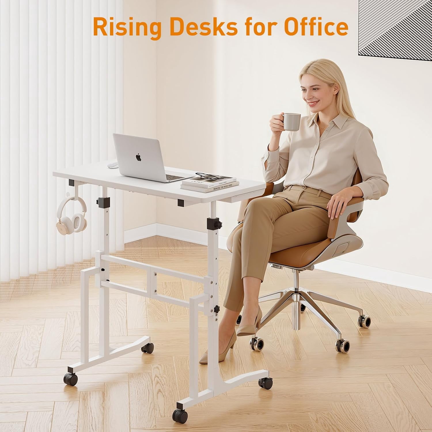 Standing Desk with Wheels, Adjustable Treadmill Desk, Rolling Bike Trainer Desk for Walking Pad Laptop, Phone Standing, White