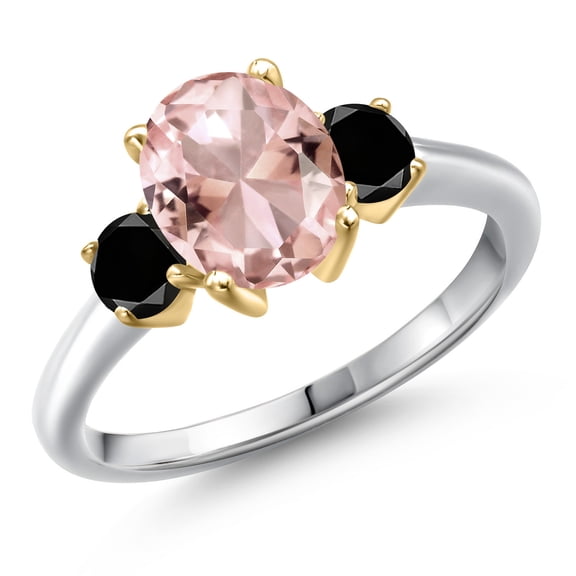 Gem Stone King 10K Two Tone Gold Peach Nano Morganite and Black Diamond Engagement Ring for Women | 2.54 Cttw | Oval 9X7MM | Gemstone October Birthstone | Size 6