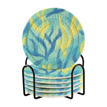 

6 Pcs Drink Coasters with Holder Absorbent Coasters Minimalist Home Decor Coaster Set Stylish Handmade Round Woven Coaster for Drinks Table Desk Protection Blue Seaweed Drawing