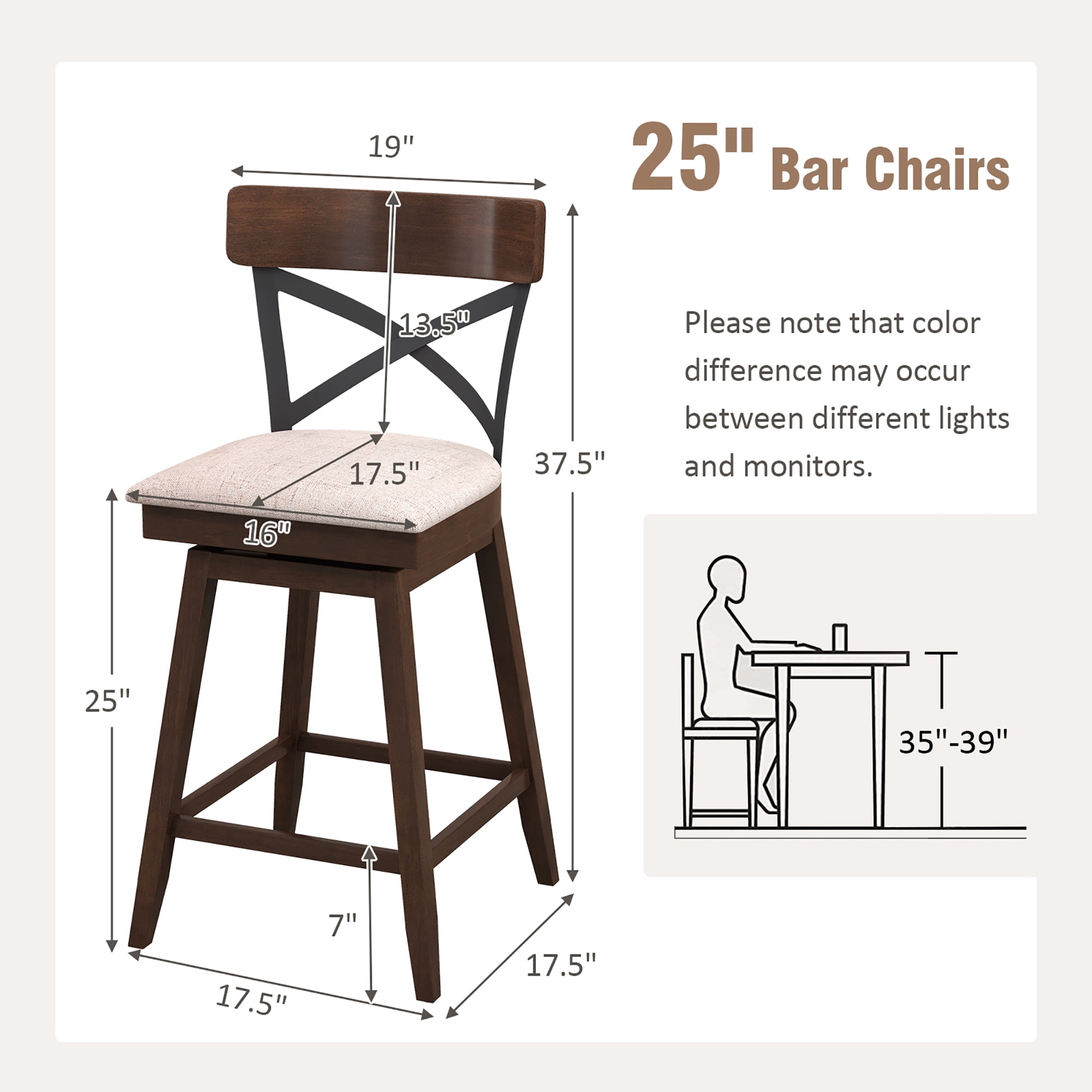 Costway Wooden Swivel Upholstered Counter Height Backrest Bar Stools Brown (Set of 2)