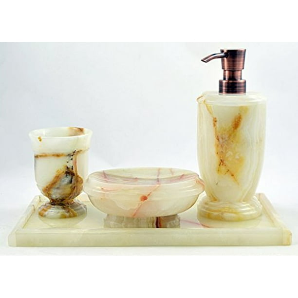 Bathroom Accessories 4 Piece Set With Vanity Tray 300wo4rt Of White Onyx By Nature Home Decor Walmart Com Walmart Com