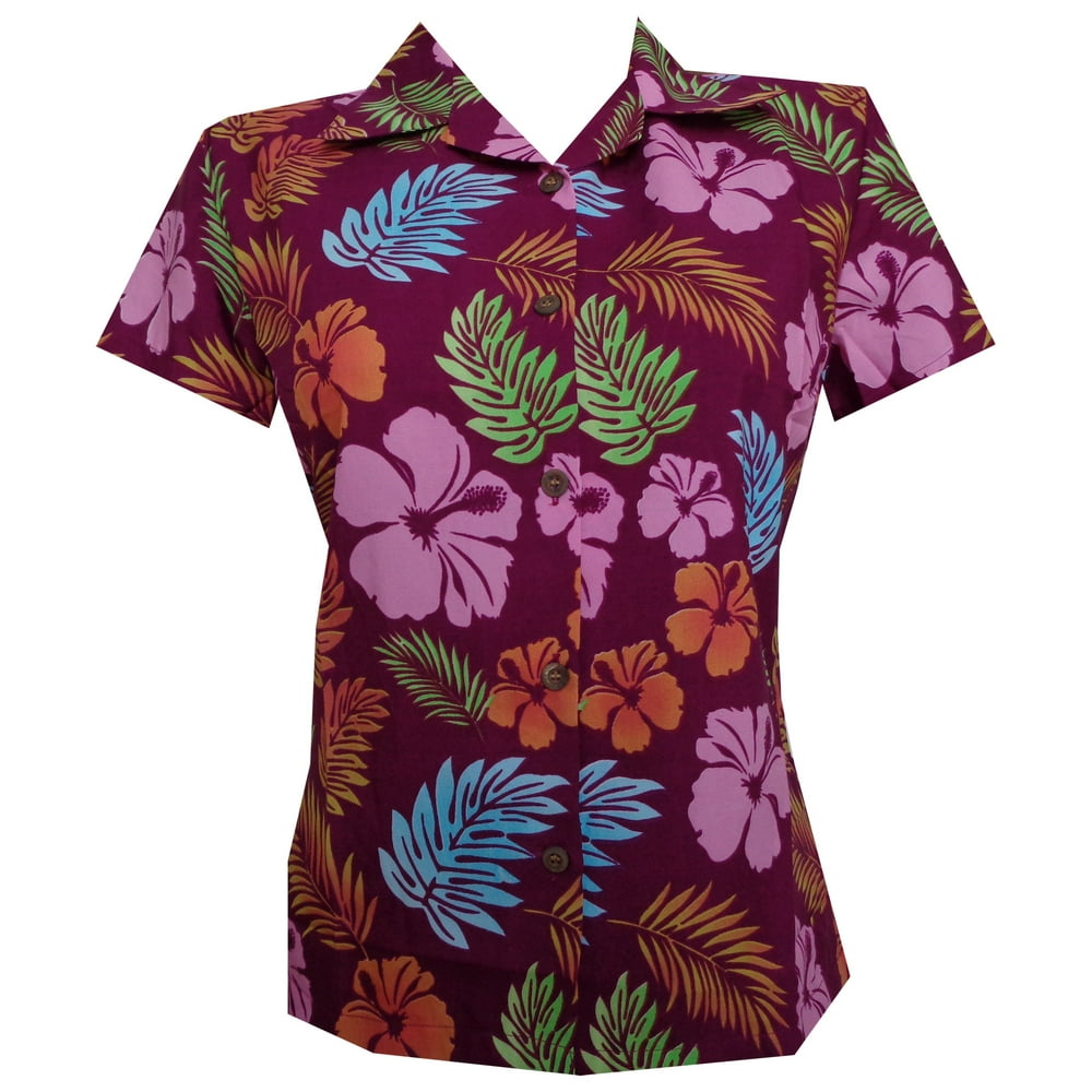 Alvish - Hawaiian Shirt 38W Women Floral Leaf Aloha Beach Top Blouse ...