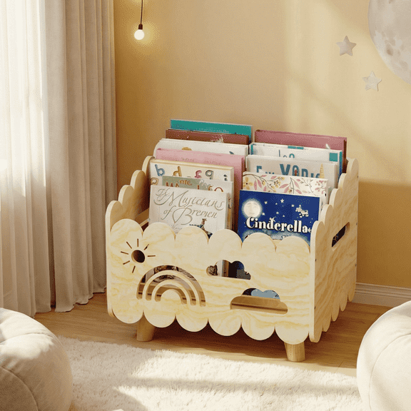 Wood Kids Bookshelf, Montessori Bookshelf, With 2 Adjustable Dividers, Suitable Kids Rooms, Nursery & Classroom, Kids Bookshelf And Toy Storage, Toddler Book Rack, Nursery Book Shelves, Wood color