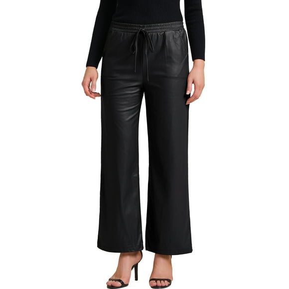 INSPIRE CHIC Women's Faux Leather Pants High Waist Straight Leg Pant Trousers with Pockets Party Outfit S Black