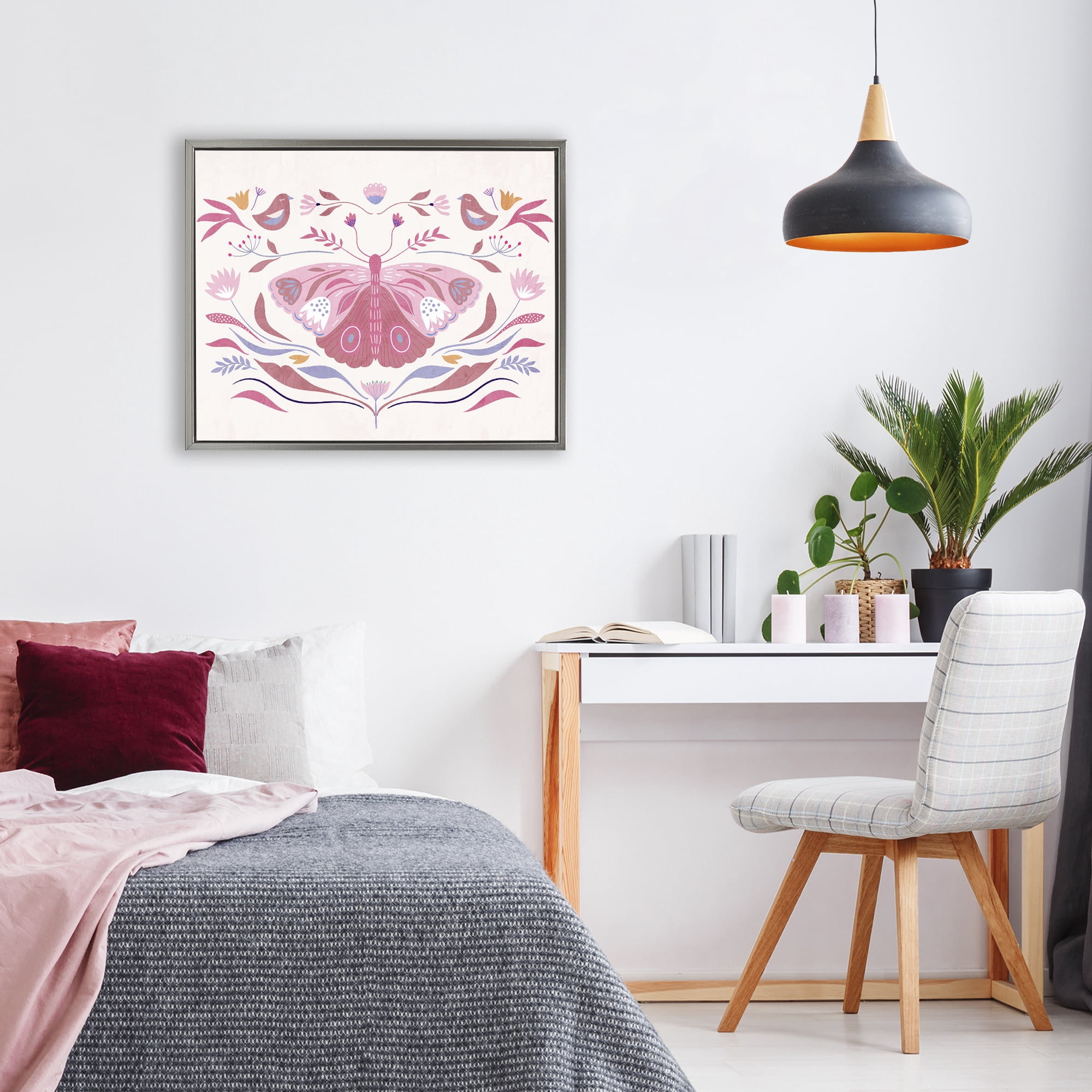 Stupell Industries Pink Boho Butterfly Gray Framed Floater Canvas Wall Art, design by Kim Allen