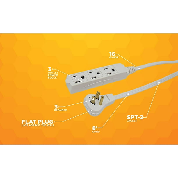 Slimline 2241 Flat Plug Extension Cord, 3-Wire, White, 8-Foot