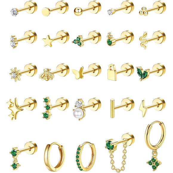 Hypoallergenic Surgical Steel Earrings for Sensitive Ears Dainty Gold Flat Back Earrings for Women Men Small Flatback Stud Hoop Cartilage Earring Set for Multiple Piercing (Single Earrings Not A Pair)