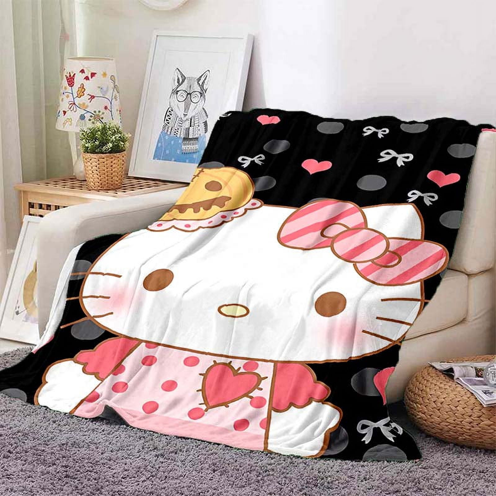 Couverture Hello Kitty Polaire - 130 X 170 Cm - 100% Polyester Doux - Motif Fleurs Et Hello Kitty - Pour Enfants Pilou Pilou