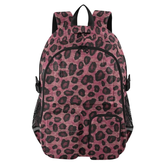 DIXRUYEE Deep Red Leopard Pattern Pattern Backpack for School 14”Laptop Compatible with Reflective Safety Strips