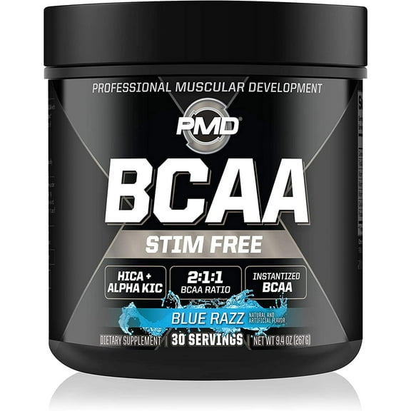 PMD Sports BCAA Stim-Free Amino Acids - Better Workout Performance, Enhanced Recovery, Daily Energy, Muscle Builder, and Muscle Sparing - BCAA Powder Drink Mix - Blue Razz (30 Servings)