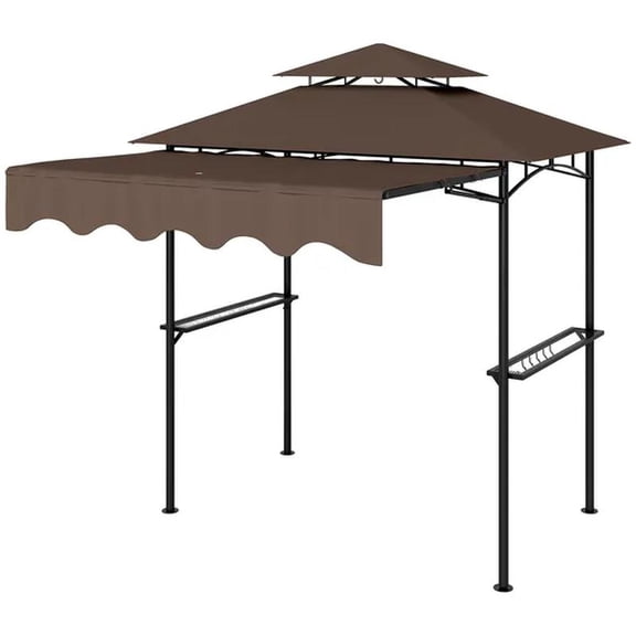 Outdoor Grill Gazebo, Barbecue Gazebo Shelter with Side Awning, Side Shelves and Hooks, Brown
