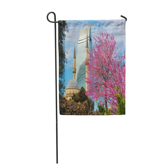 NUDECOR Baku Azerbaijan April 26 Flame Towers Skyscrapers and Martyrs at Springtime Trees Garden Flag Decorative Flag House Banner 12x18 inch