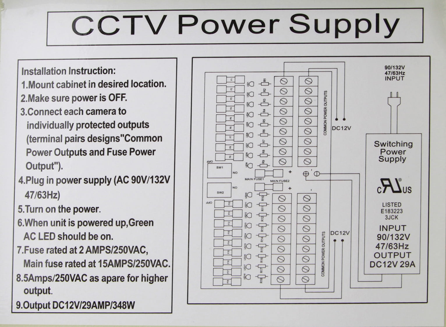 InstallerCCTV 9 Outputs 12 Amp 12V DC CCTV Distributed Power Supply Box for Security Camera, UL Listed
