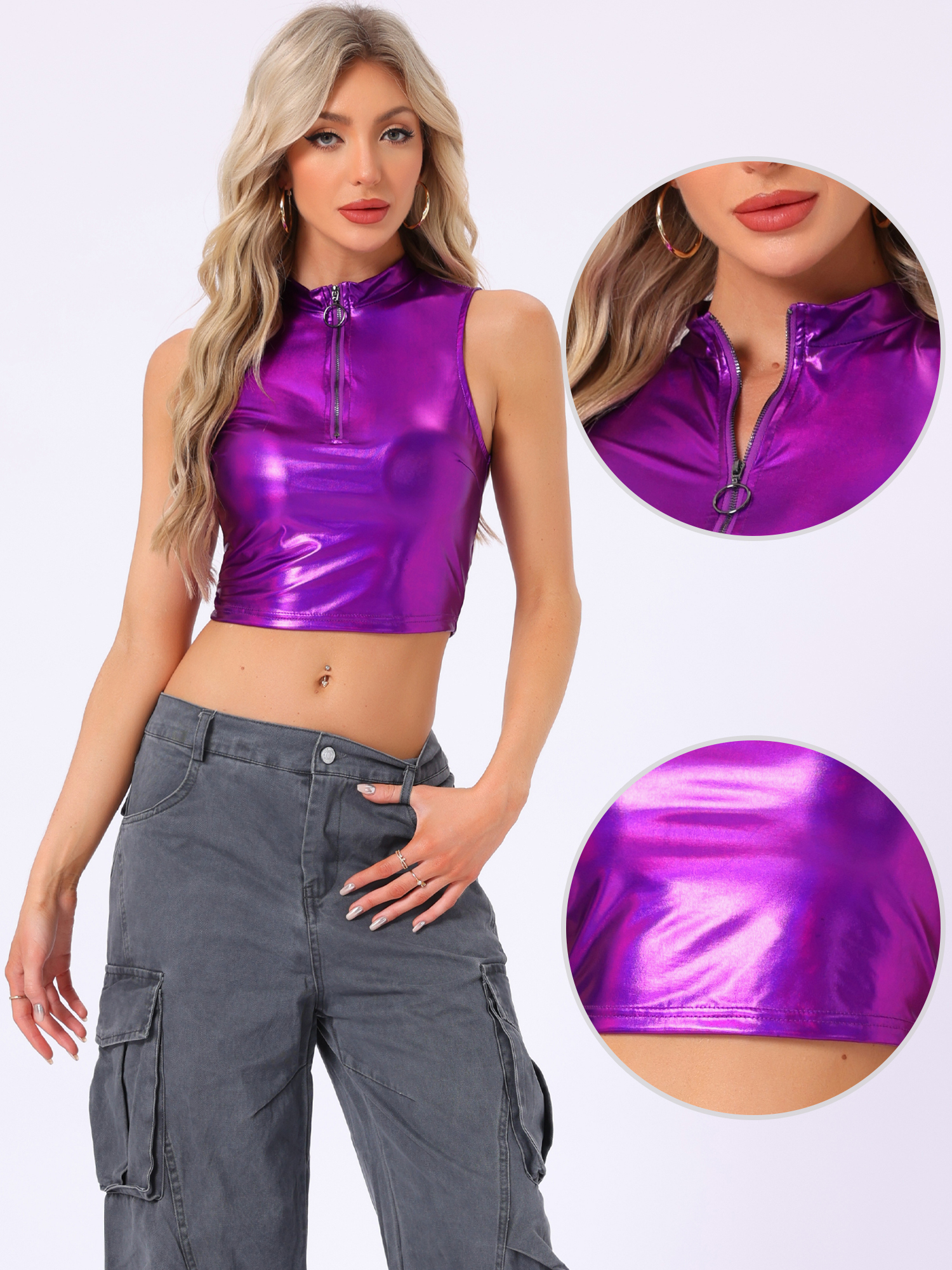 DARING DIVA Women's Mock Neck Sparkle Party Tops XS Dark Purple