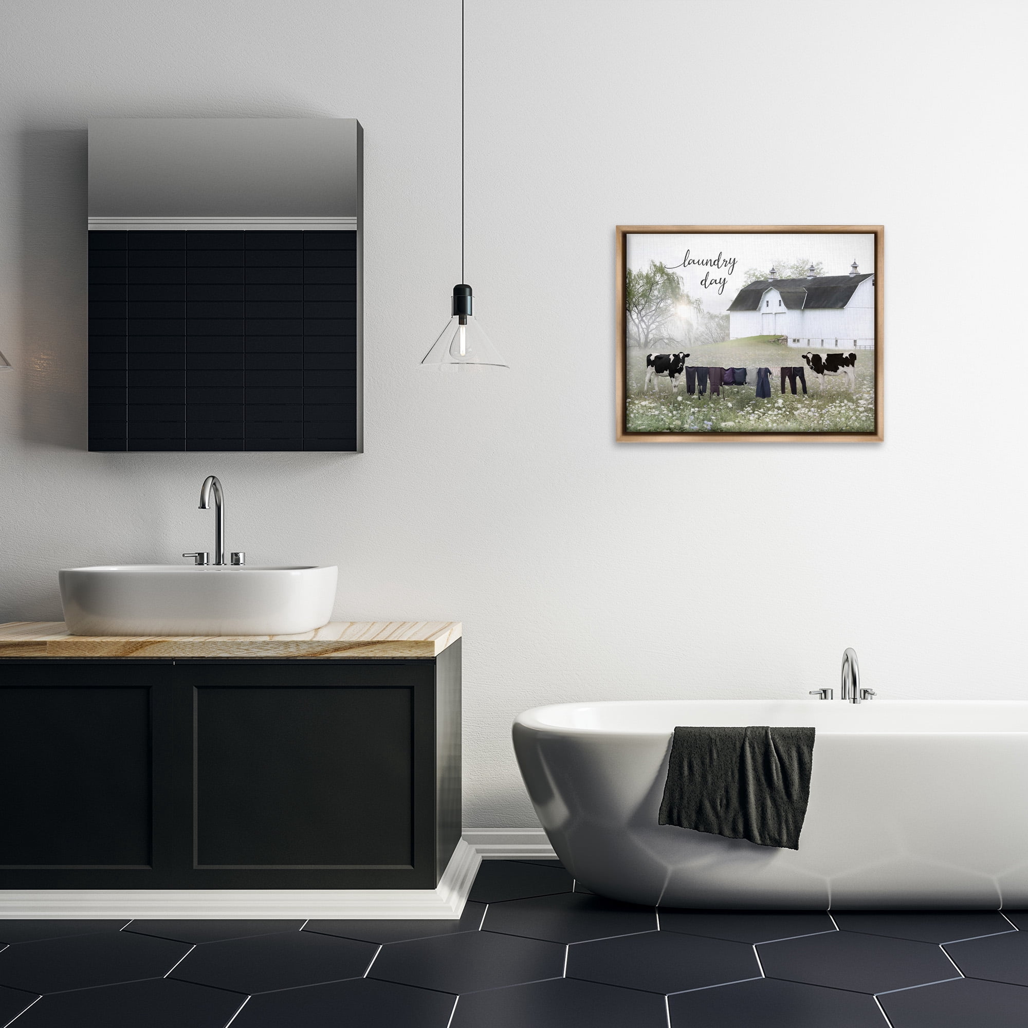 Stupell Industries Laundry Day with Rural Cows Landscape Painting Brown Floater Framed Canvas Art Print Wall Art, 31 x 25