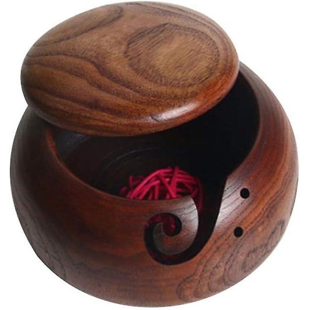 Cuenco de hilo de madera hecho a mano - Cuenco de hilo de madera Cuenco de madera para almacenamiento de hilo con agujeros tallados y agujeros perforados para tejer decoración del