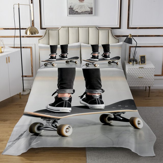 Erosebridal 3D Skateboard Coverlet Set King, Grey Bed Set, Eat Sleep Bedding Set, Microfiber Room Decorative, 3 Pieces