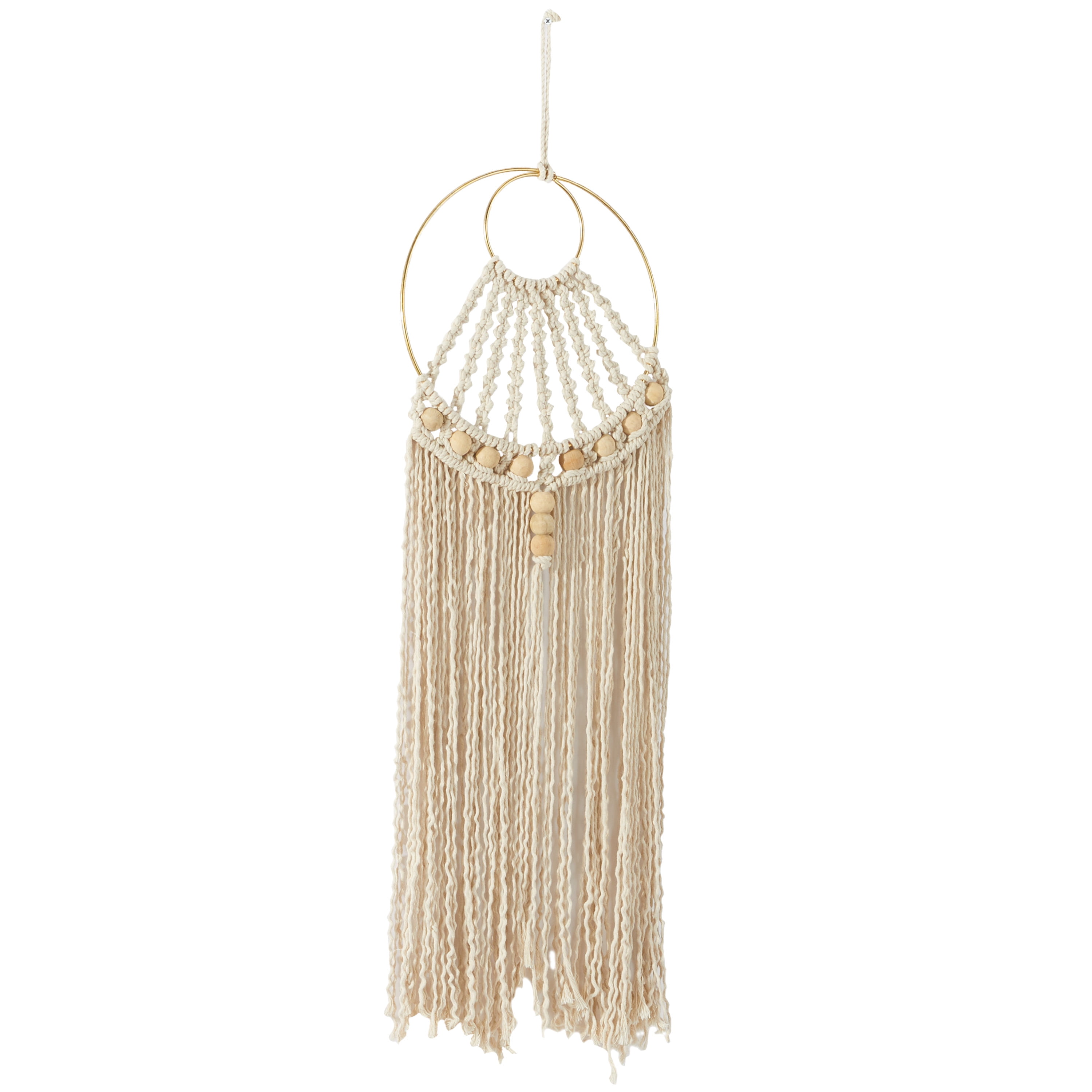 DecMode Beige Cotton Handmade Intricately Weaved Macrame Wall Decor with Beaded Fringe Tassels
