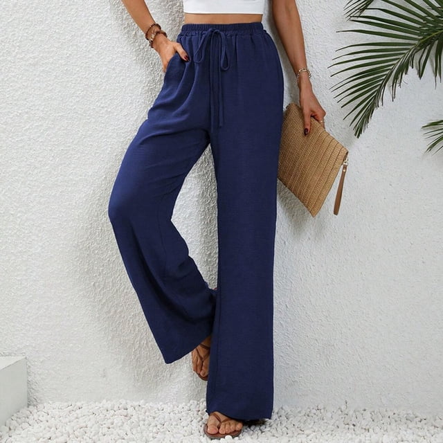 Mefallenssiah Women'S Spring Solid Color Elastic Waist Straight Tube Casual Wide Leg Pants