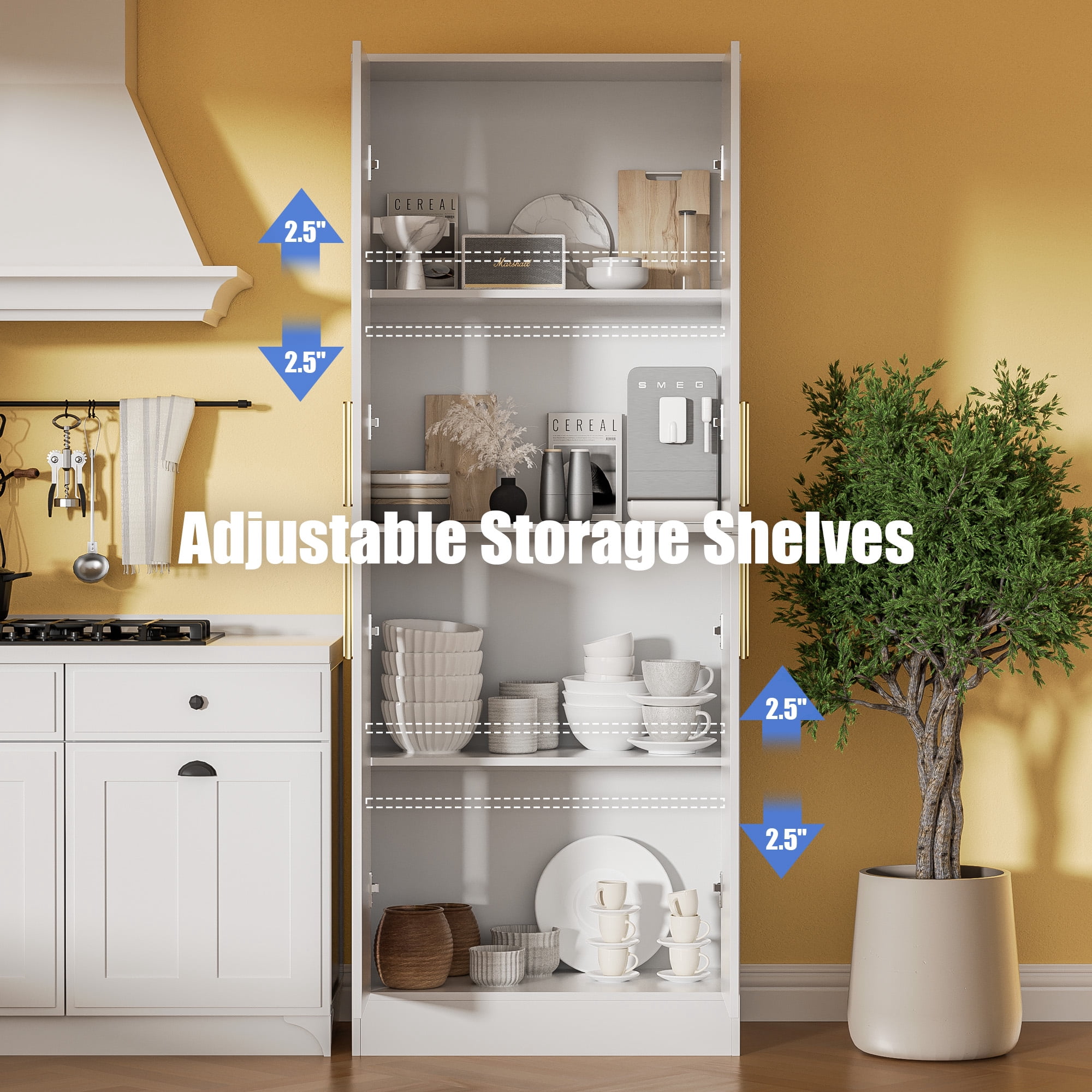 71" Tall Kitchen Pantry Storage Cabinet, Pantry Cabinet with 4 Doors, Freestanding Larder Cupboard, Kitchen Hutch with Gold Handles for Dining Room, Bathroom, White