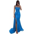 thumbnail image 1 of Vestido de fiesta RUMUGUYA clásico con apliques largos de encaje azul satinado, 1 of 6