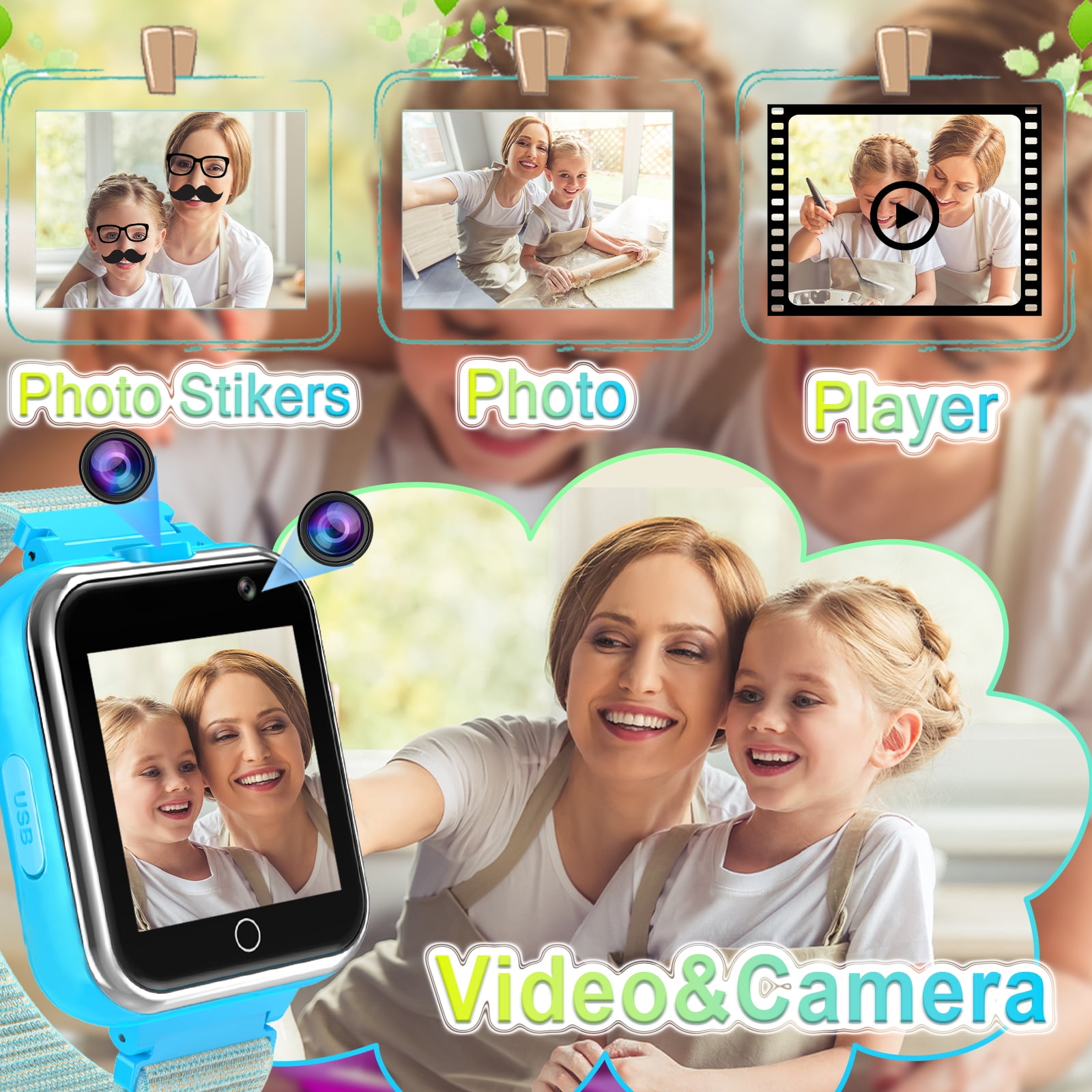 PTHTECHUS X32-Blue Kids Smartwatch with Dual Camera, 24 Games, MP3 & More, Blue with Nylon Band