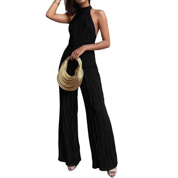 Jaimenalin Women'S 2 Piece Outfits Sleeveless Halter Top and Wide Leg Pants Set