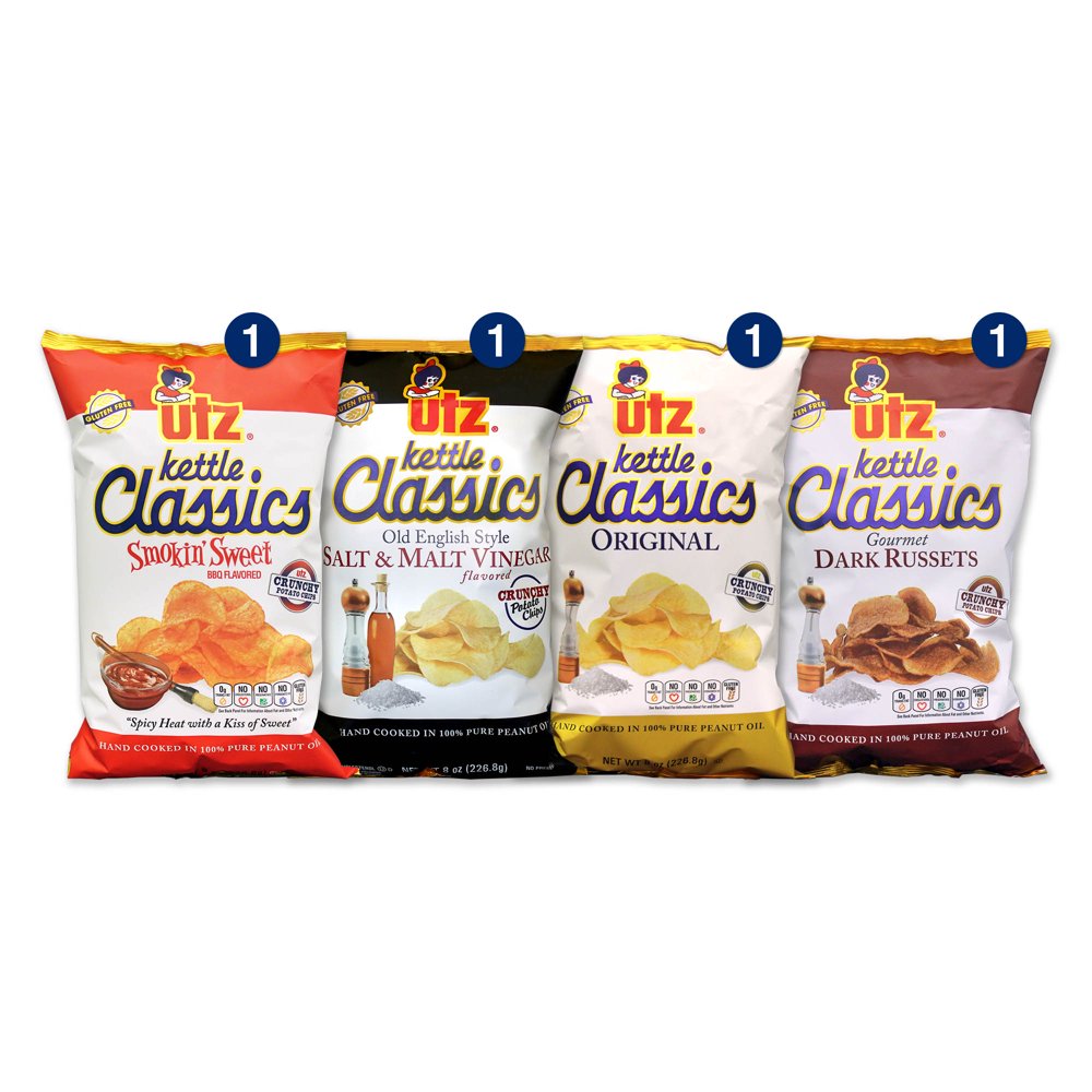 Utz Potato Chips, Kettle Classics Variety Box, 8 Oz, 4 Ct