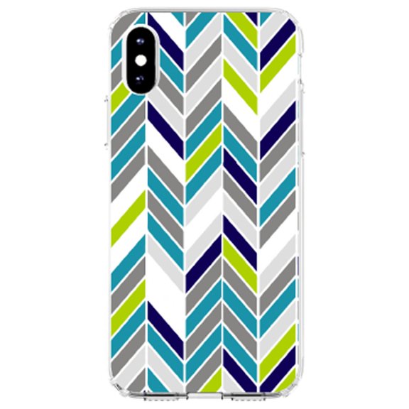 DistinctInk Clear Shockproof Hybrid Case for iPhone XR (6.1" Screen) - TPU Bumper, Acrylic Back, Tempered Glass Screen Protector - Teal Navy Grey Herringbone