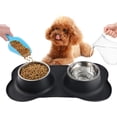thumbnail image 3 of Comedero doble de acero inoxidable para perros y gatos con base antideslizante, anti-inundaciones y tapete de silicona a prueba de derrames., 3 of 4