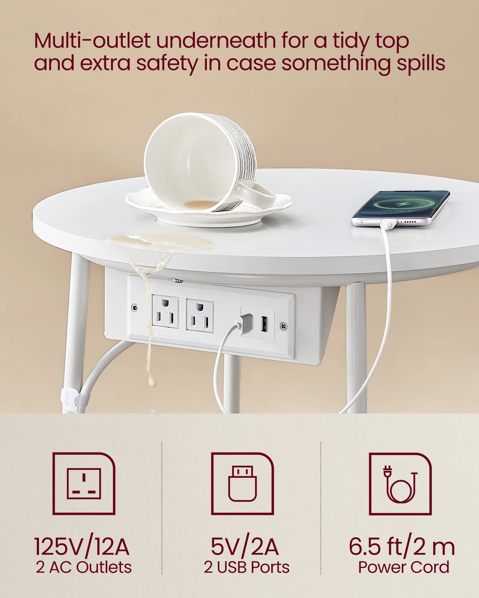 VASAGLE LILEA Collection - Side Table with Charging Station, Round End Table with Fabric Basket, Nightstand with USB Ports, for Living Room, Bedroom, Modern, Matte White and Camel Brown