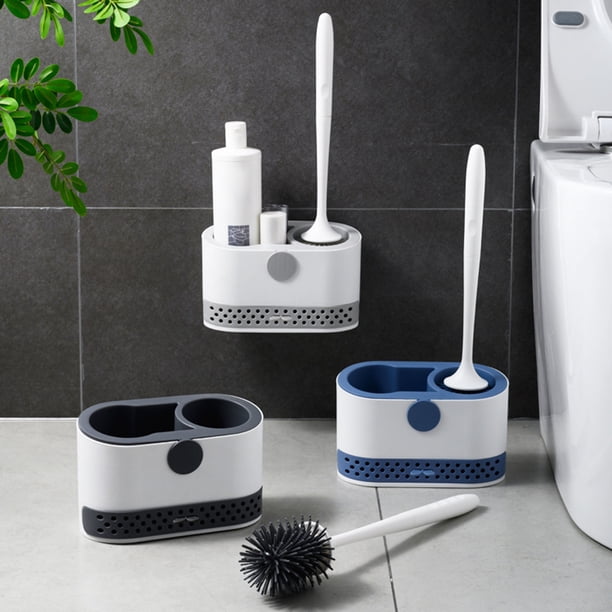 Cepillo y estantería montados en la pared con bandeja de goteo - Organizador de baño 2 en 1, azul/gris, cerdas blandas de goma, sin arañazos, fácil de instalar