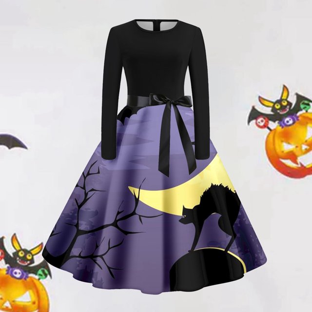 Vestido Estilo Camiseta Retro Con Estampado de Halloween Para Mujer | Casual, Manga Larga, Cuello Redondo