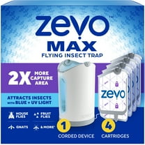 Zevo Max Flying Insect Indoor Fly Trap: Easy, Mess-Free Solution - Light Trap Catches & Kills House Flies, Fruit Flies, Gnats, & More (1 Plug in Device & 4 Cartridges)