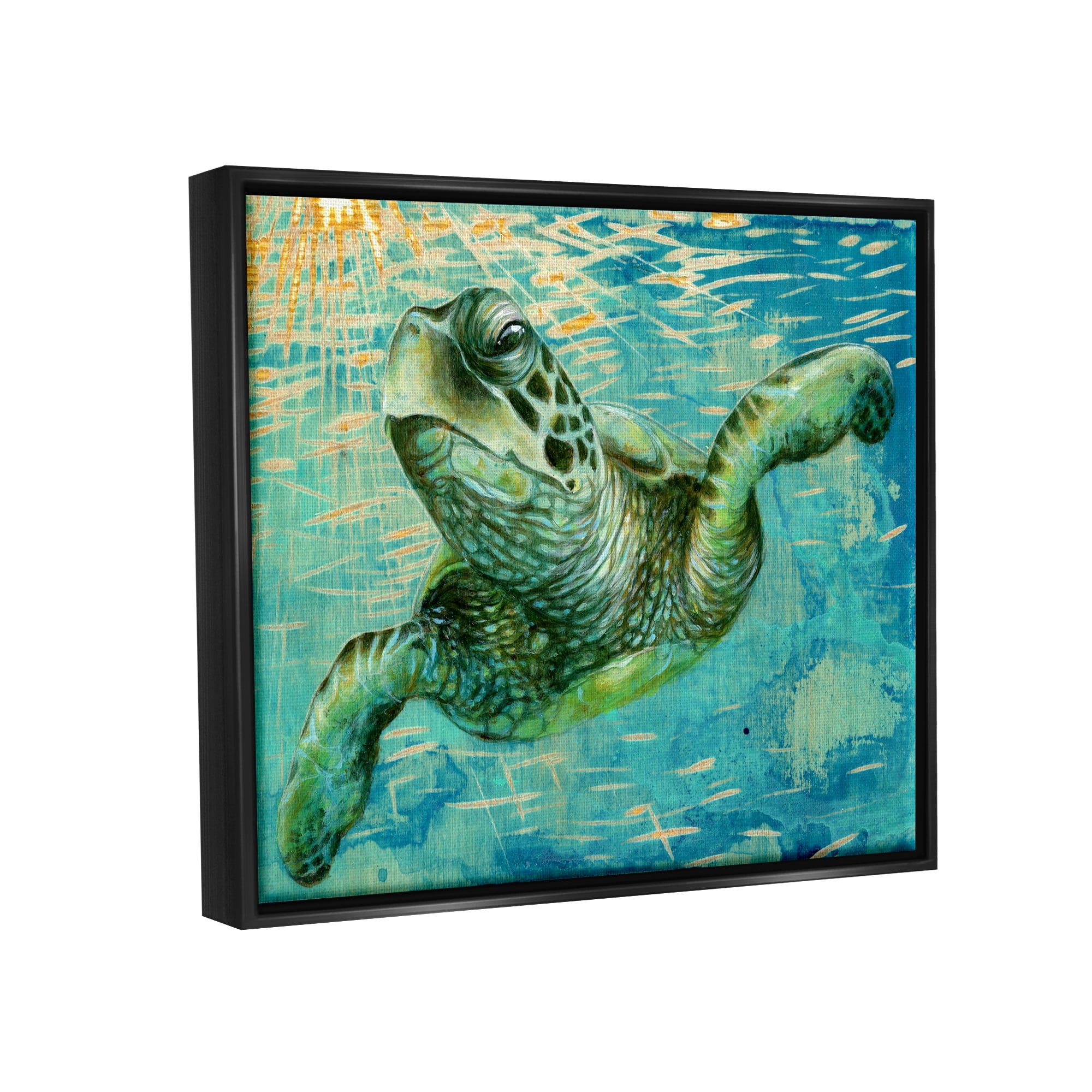 Stupell Industries Turtle & Abstract Rays Animals & Insects Painting Black Floater Framed Canvas Art Print Wall Art, 21 x 17