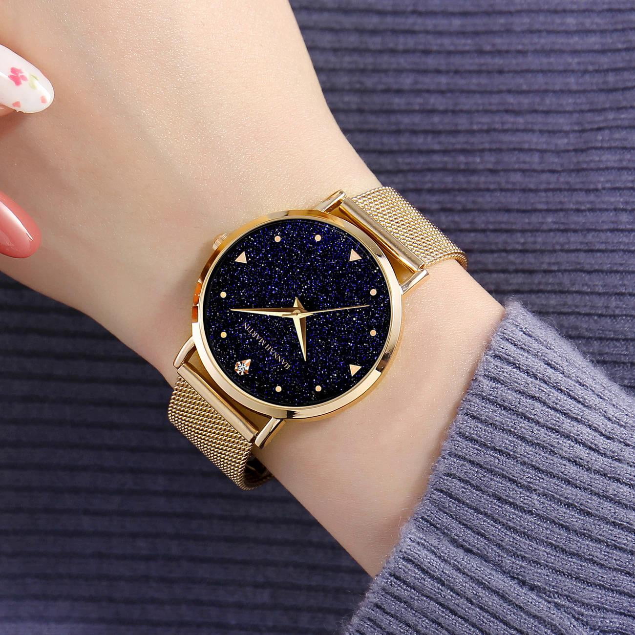 Hannah Martin Ladies Watch Japan Quartz Movement Stainless Steel Mesh Band Wristwatches Flash Night Stars Face Watches For Women