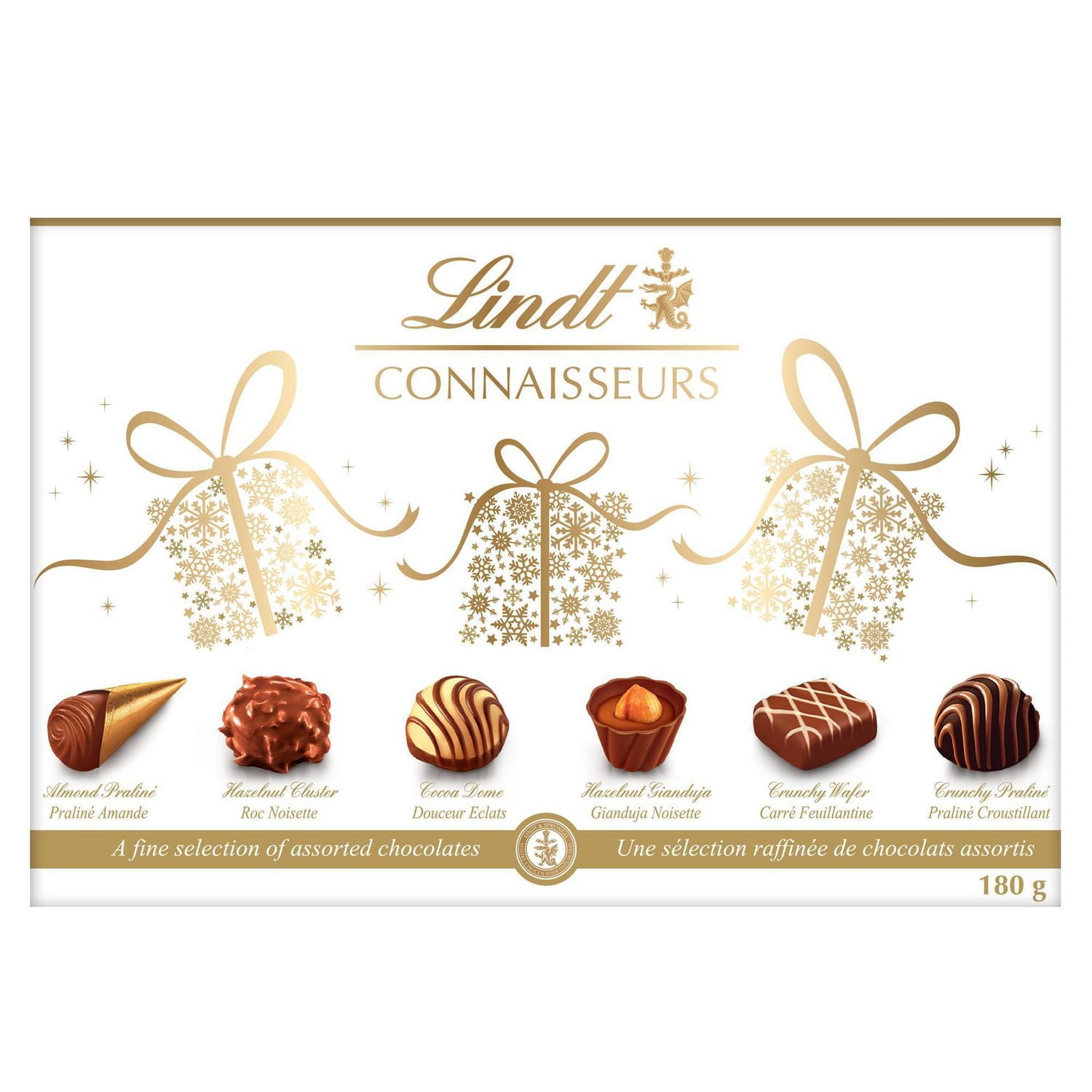 Lindt CONNAISSEURS Winterland Assorted Chocolate Gift Box, 180 Grams, Contains milk, dark and white chocolate pralines.