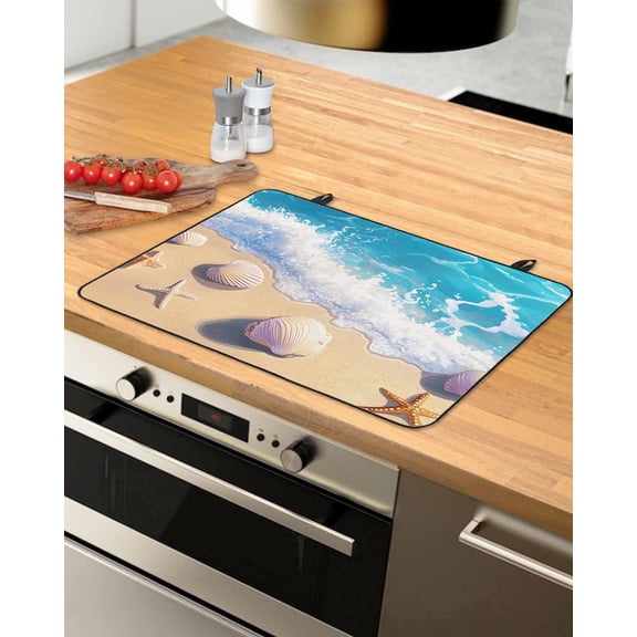 nqOlkjepod Large Induction Cooktop Protector Mat 36"x21", Coastal Beach Stove Top Covers for Electric Stove, Nautical Ocean Starfish Shells Sea Waves Stove Burner Cover Mats, Glass Top Stove Cover